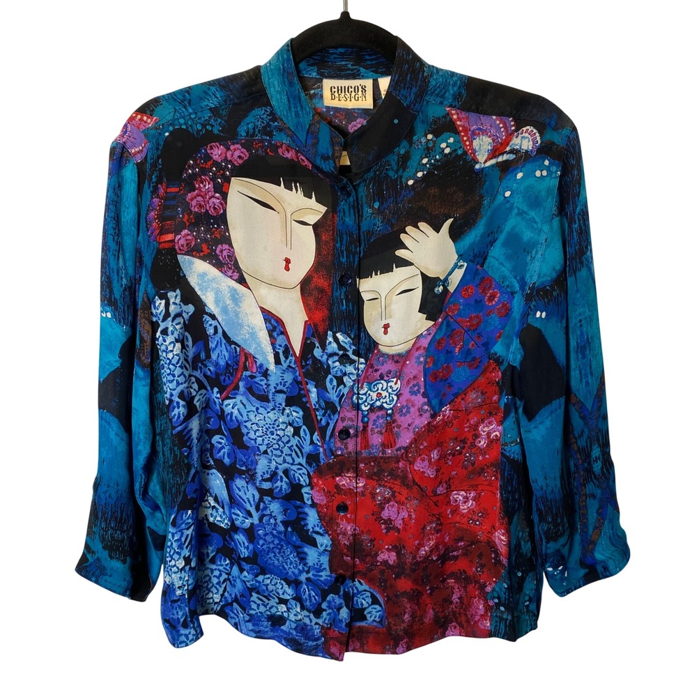Chico's Design Geisha Silk Blouse Women Size 0 Small Blue Floral Y2K Artsy Boho